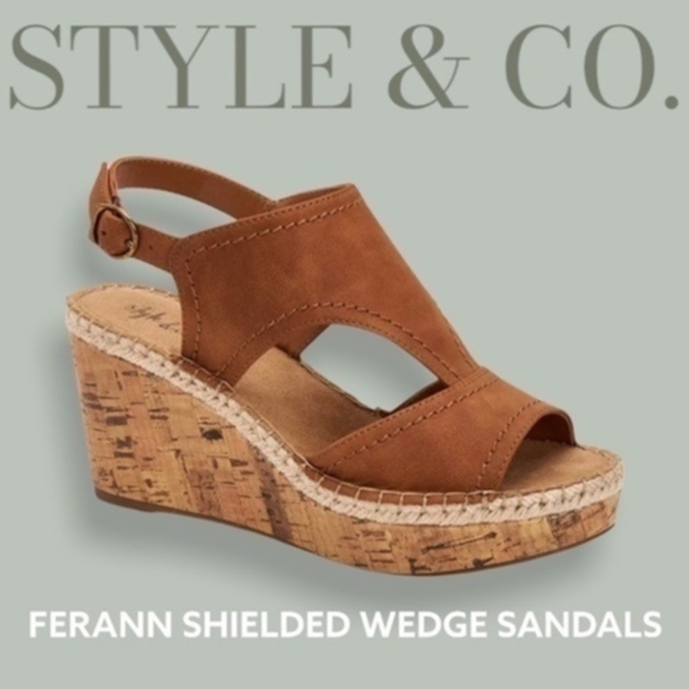 STYLE & CO. Brown Ferann Slingback Cork-Wedge Sandals -10M
